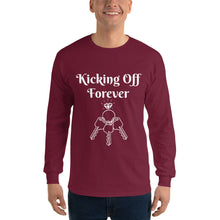 Load image into Gallery viewer, Kicking Off Forever Men&#39;s Long Sleeve Tee - White Lettering
